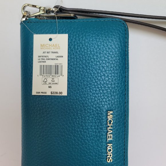MICHAEL KORS Jet Set Travel Large Continental Pebbled Leather Wallet-Lagoon⭐ - Picture 16 of 16